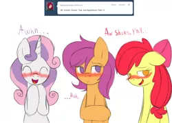 Size: 1280x914 | Tagged: apple bloom, ask, blushing, cutie mark crusaders, derpibooru import, safe, scootaloo, sweetie belle, teenage crusaders answers, teenager, tumblr