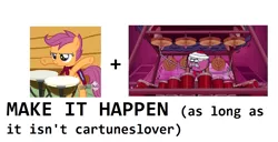 Size: 1273x652 | Tagged: 150 piece kit, benson, cartuneslover16, derpibooru import, drums, exploitable meme, make it happen, regular show, safe, scootaloo