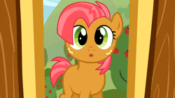 Size: 960x540 | Tagged: safe, derpibooru import, babs seed, earth pony, pony, one bad apple, adorababs, animated, apple tree, clubhouse, covering, cute, female, filly, solo, tree