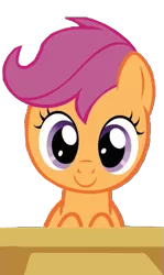 Size: 363x608 | Tagged: artist:kuren247, c:, cute, cutealoo, derpibooru import, desk, looking at you, safe, scootaloo, simple background, smiling, solo, transparent background, vector