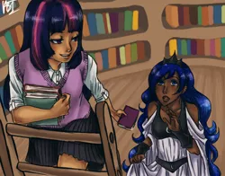 Size: 950x743 | Tagged: artist:mistix, book, derpibooru import, golden oaks library, humanized, library, princess luna, safe, twilight sparkle