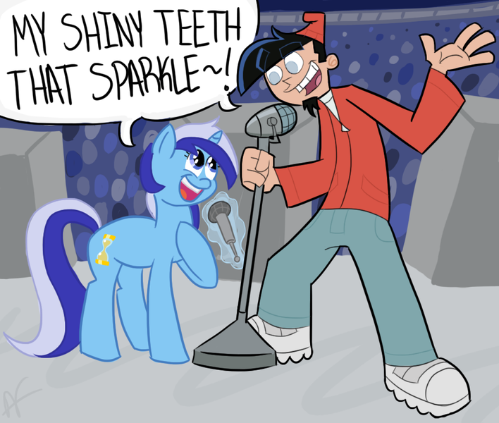 Size: 967x820 | Tagged: artist:hamflo, chip skylark, concert, crossover, derpibooru import, dialogue, magic, microphone, minuette, my shiny teeth and me, safe, singing, stage, teeth, telekinesis, the fairly oddparents