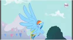 Size: 928x515 | Tagged: safe, derpibooru import, screencap, rainbow dash, pegasus, pony, magic duel, female, giant wing, hub logo, impossibly large wings, large wings, low quality, mare, solo, wings