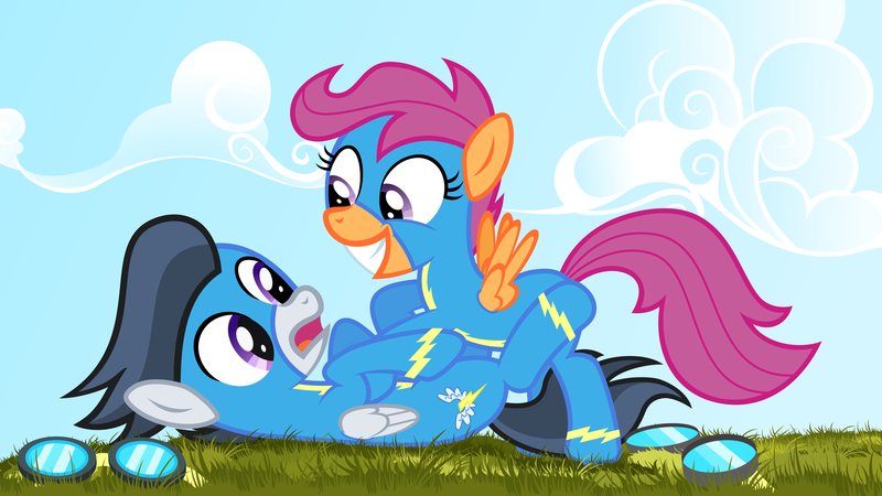 Size: 8000x4501 | Tagged: safe, artist:daringdashie, derpibooru import, rumble, scootaloo, absurd resolution, female, goggles, male, rumbloo, shipping, straight, tickling, wonderbolts uniform