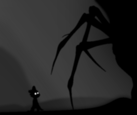 Size: 554x465 | Tagged: artist:xxsoulmonkeyxx, crossover, dark, derpibooru import, dragon, giant spider, glowing eyes, grayscale, limbo, monochrome, semi-grimdark, silhouette, spider, spike