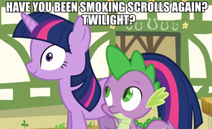 Size: 689x420 | Tagged: safe, derpibooru import, edit, edited screencap, screencap, spike, twilight sparkle, dragon, pony, unicorn, season 3, too many pinkie pies, caption, derp, duo, female, image macro, male, mare, out of context, stoned, stoner, unicorn twilight