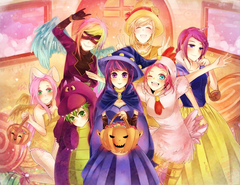 Size: 1330x1025 | Tagged: action poster, animal costume, applejack, artist:rumine, bunnyshy, bunny suit, chicken pie, chicken suit, clothes, costume, derpibooru import, disney princess, dress, fluttershy, frilly dress, halloween, halloween costume, horned humanization, humanized, kigurumi, leotard, mane seven, nightmare night, pinkie pie, playboy bunny, rainbow dash, rarity, safe, shadowbolt dash, shadowbolts costume, snow white, spike, twilight sparkle, winged humanization