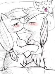 Size: 960x1280 | Tagged: safe, artist:nero quiet, derpibooru import, applejack, pinkie pie, rainbow dash, appledash, female, kissing, lesbian, monochrome, shipping