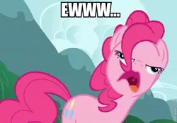 Size: 609x424 | Tagged: safe, derpibooru import, edit, edited screencap, screencap, pinkie pie, earth pony, pony, season 3, too many pinkie pies, clone, cropped, disgusted, faic, female, image macro, mare, pinkie clone, pinkie frogmouth, solo, watermark