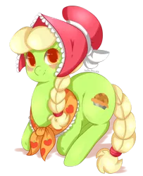 Size: 900x1106 | Tagged: safe, artist:xeella, derpibooru import, granny smith, earth pony, pony, adorasmith, blushing, braid, braided tail, cute, female, looking at you, mare, ponyloaf, prone, simple background, solo, transparent background, young granny smith, younger