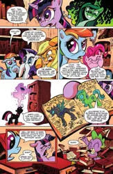 Size: 903x1388 | Tagged: safe, artist:andypriceart, derpibooru import, idw, applejack, pinkie pie, princess cadance, queen chrysalis, rainbow dash, rarity, spike, twilight sparkle, changeling, unicorn, the return of queen chrysalis, spoiler:comic, advertisement, angry, book, comic, damon knight, disguise, disguised changeling, evil grin, glow, golden oaks library, grin, herding cats, idw advertisement, invasion of the body snatchers, issue 1, jack finney, magic, official comic, parchment, preview, quill, smiling, to serve man, unicorn twilight