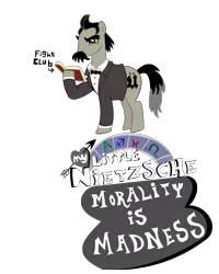 Size: 2409x3012 | Tagged: safe, artist:jewelsfriend, derpibooru import, edit, ponified, earth pony, pony, book, facial hair, fight club, friedrich nietzsche, glare, logo, logo edit, male, moustache, my little x, reading, simple background, solo, stallion, transparent background, yellow sclera