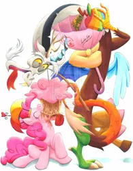 Size: 900x1151 | Tagged: artist:muffyn-man, chocolate rain, cotton candy cloud, derpibooru import, discord, discord being discord, fishing rod, hat, pinkie being pinkie, pinkie pie, prehensile tail, safe, traditional art, umbrella hat