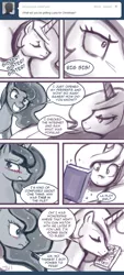 Size: 580x1280 | Tagged: safe, artist:johnjoseco, derpibooru import, princess celestia, princess luna, pony, ask princess molestia, gamer luna, princess molestia, ask, bed, blushing, comic, dialogue, dvd, eyes closed, happy, lidded eyes, magic, sleeping, speech bubble, telekinesis, tumblr