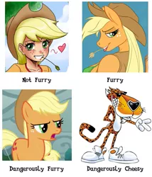 Size: 483x564 | Tagged: safe, artist:johnjoseco, artist:tyelle, derpibooru import, edit, edited screencap, screencap, applejack, anthro, earth pony, human, pony, anthro chart, anthro with ponies, applejack's hat, breasts, chart, cheetos, chester cheetah, cowboy hat, dangerously cheesy, dangerously furry, female, furry, hat, heart, humanized, looking at you, mare, meme, meta, stetson, straw in mouth, text, wat