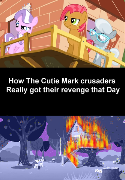 Size: 500x719 | Tagged: apple bloom, arson, babs seed, clubhouse, comic, crusaders clubhouse, cutie mark crusaders, derpibooru import, diamond tiara, edit, fire, glasses, revenge, scootaloo, semi-grimdark, silver spoon, sweetie belle