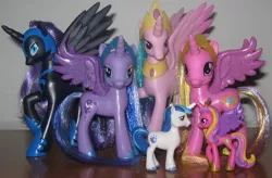 Size: 640x420 | Tagged: safe, artist:dinobutts, derpibooru import, official, nightmare moon, princess cadance, princess celestia, princess luna, shining armor, pony, brushable, irl, photo, toy