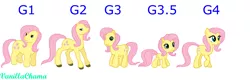 Size: 2396x768 | Tagged: artist:colossalstinker, artist:vanillachama, comparison, derpibooru import, fluttershy, g1, g1 to g4, g2, g3, g3.5, g4, g4 to g1, g4 to g2, g4 to g3, g4 to g3.5, generation leap, posey, safe, wingless