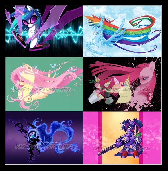 Size: 1000x1017 | Tagged: artist:neofox, derpibooru import, fluttershy, juliet starling, lollipop chainsaw, nightmare moon, pinkamena diane pie, pinkie pie, rainbow dash, safe, twilight sparkle, vinyl scratch