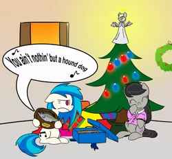 Size: 1041x965 | Tagged: safe, artist:extremeasaur5000, derpibooru import, derpy hooves, octavia melody, vinyl scratch, pegasus, pony, christmas, christmas tree, clothes, female, lesbian, mare, pajamas, present, pun, scratchtavia, shipping, singing bass, tree