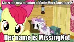 Size: 960x540 | Tagged: apple bloom, cutie mark crusaders, derpibooru import, edit, edited screencap, editor:eden89, female, filly, foal, glitch, meme, missingno, parody, pokémon, safe, screencap, sweetie belle, wat