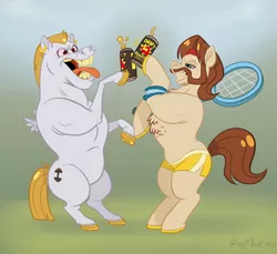 Size: 702x644 | Tagged: safe, derpibooru import, ace, ace point, bulk biceps, roid rage, earth pony, pegasus, duo, energy drink, male, manly, stallion, tennis racket