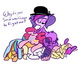 Size: 450x374 | Tagged: safe, artist:mt, derpibooru import, applejack, fluttershy, pinkie pie, rainbow dash, rarity, twilight sparkle, pegasus, pony, crossover, headset, littlest pet shop, mane six, pile, pony pile, twilight barkle, zoe trent