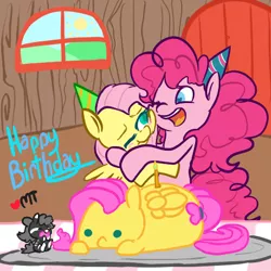 Size: 450x450 | Tagged: artist:mt, birthday, cake, derpibooru import, eating, female, flutterpie, fluttershy, lesbian, micro, minituffs, oc, oc:minituffs, party, pinkie pie, safe, shipping