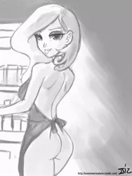 Size: 610x813 | Tagged: suggestive, artist:johnjoseco, derpibooru import, fleur-de-lis, human, apron, ass, bedroom eyes, breasts, clothes, eyeshadow, female, grayscale, humanized, looking at you, looking back, makeup, monochrome, naked apron, nudity, open mouth, refrigerator, smiling, solo, solo female, tongue out