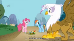 Size: 630x356 | Tagged: safe, derpibooru import, screencap, gilda, pinkie pie, rainbow dash, gryphon, griffon the brush off, ei, hub logo, youtube caption