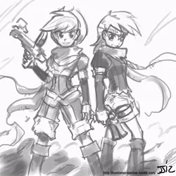 Size: 805x805 | Tagged: applejack, artist:johnjoseco, boktai, derpibooru import, django, grayscale, gun del sol, human, humanized, monochrome, parody, rainbow dash, sabata, safe