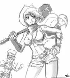 Size: 725x805 | Tagged: applejack, artist:johnjoseco, blacksmith, crossover, derpibooru import, derpy hooves, grayscale, hammer, human, humanized, monochrome, ragnarok online, safe, super novice, winged humanization