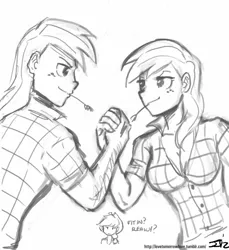 Size: 745x813 | Tagged: applejack, arm wrestling, artist:johnjoseco, big macintosh, derpibooru import, grayscale, human, humanized, macareina, monochrome, rule 63, safe, straw in mouth