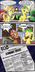 Size: 722x1462 | Tagged: artist:supersheep64, aunt orange, babs seed, comic, computer, crystal empire, cutie mark crusaders, derpibooru import, economics, equestria daily, g4, newspaper, princess celestia, safe, stock exchange, the oranges, tree sap, tyrant celestia, uncle orange