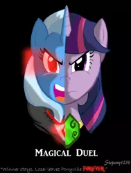 Size: 1700x2252 | Tagged: safe, artist:stepany1234, derpibooru import, trixie, twilight sparkle, pony, unicorn, magic duel, alicorn amulet, angry, dark magic, duo, female, glare, glowing eyes, magic, mare, open mouth, poster, red eyes, rivalry, scene interpretation, unicorn twilight