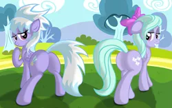 Size: 1427x898 | Tagged: suggestive, artist:ziemniax, derpibooru import, cloudchaser, flitter, pegasus, pony, bedroom eyes, duo, duo female, female, females only, field, folded wings, hoof over mouth, looking at you, looking back, looking back at you, mare, plot, plot pair, raised hoof, raised tail, tail, tree, wings