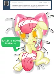 Size: 728x1024 | Tagged: apple bloom, apple bloom bot, artist:ls820720, ask, ask apple bloom bot, bed, covering, derpibooru import, dialogue, embarrassed, glowing eyes, on back, robot, safe, speech bubble, tail covering, tumblr