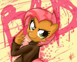 Size: 1000x800 | Tagged: safe, artist:nolycs, derpibooru import, babs seed, anthro, earth pony, clothes, jacket, looking at you, looking back, looking back at you, solo