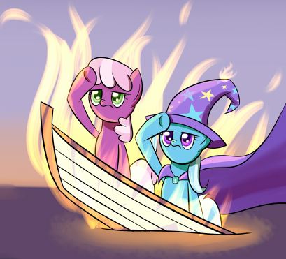 Size: 409x371 | Tagged: artist:paradigmpizza, cheerilee, derpibooru import, fire, reaction image, safe, ship sinking, sinking, trixie, trixilee