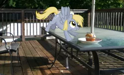 Size: 957x586 | Tagged: safe, artist:darkkon13, derpibooru import, derpy hooves, pegasus, pony, female, irl, mare, muffin, photo, ponies in real life, porch, table, vector