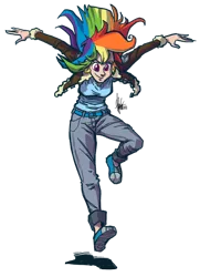 Size: 600x829 | Tagged: action pose, artist:theartrix, clothes, converse, derpibooru import, falling, human, humanized, leather jacket, rainbow dash, safe, shoes, simple background, solo, transparent, transparent background