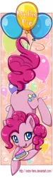 Size: 270x900 | Tagged: safe, artist:extra-fenix, derpibooru import, pinkie pie, earth pony, pony, balloon, bookmark, cake, colored pupils, cute, diapinkes, female, food, mare, open mouth, solo, then watch her balloons lift her up to the sky