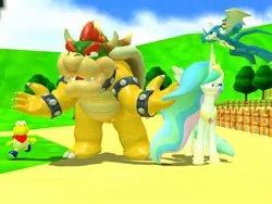 Size: 1280x960 | Tagged: bowser, crossover, derpibooru import, dialogue in the comments, digimon, exveemon, flying, gmod, human, koopa troopa, kooper, luigi, paper mario, princess celestia, riding, safe, super mario 64, super mario bros., wat