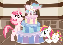 Size: 900x641 | Tagged: artist:elm-chan, cake, coconut cream, derpibooru import, princess celestia, pudding pie, safe, watermark