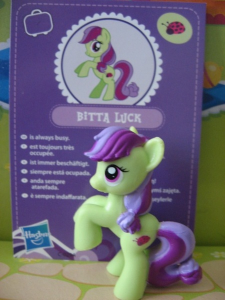 Size: 480x640 | Tagged: safe, artist:twilightberry, derpibooru import, official, bitta luck, pony, collector card, irl, photo, solo, toy