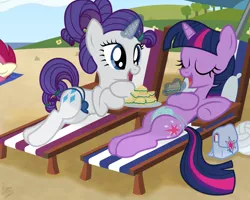 Size: 1280x1024 | Tagged: safe, artist:niggerfaggot, derpibooru import, rarity, roseluck, twilight sparkle, pony, unicorn, beach, bikini, clothes, crotchboobikini, cucumber sandwiches, eyes closed, female, magic, mare, open mouth, swimsuit, unicorn twilight