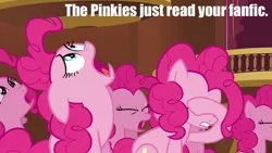 Size: 1280x720 | Tagged: safe, derpibooru import, edit, edited screencap, screencap, pinkie pie, earth pony, pony, fanfic, too many pinkie pies, caption, clone, clones, facehoof, female, image macro, mare, meme, pinkie clone, reaction image, sitting