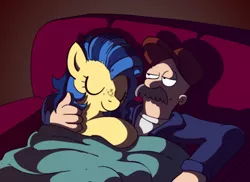 Size: 800x582 | Tagged: safe, artist:p.chronos, derpibooru import, oc, oc:milky way, human, pony, /mlp/, bed, blanket, couch, crossover, female, freckles, futurama, hilarious in hindsight, hug, janitor, mare, scruffy, sleeping