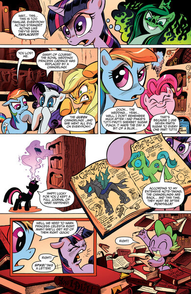 Size: 1040x1600 | Tagged: applejack, changeling, comic, derpibooru import, disguise, disguised changeling, evil grin, grin, idw, issue 1, official, pinkie pie, preview, princess cadance, queen chrysalis, rainbow dash, rarity, safe, smiling, spike, spoiler:comic, the return of queen chrysalis, twilight sparkle
