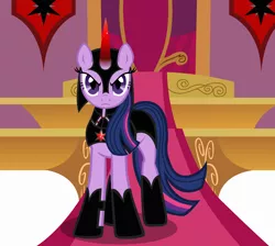 Size: 4116x3688 | Tagged: safe, artist:astringe, derpibooru import, twilight sparkle, pony, unicorn, armor, bad future, bad future crusaders (fic), canterlot castle, corrupted element of harmony, corrupted element of magic, curved horn, darth twilight, evil, horn, slit eyes, solo, sombra's horn, twilight is anakin, tyrant sparkle